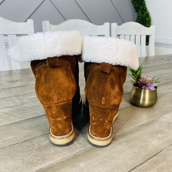 Napoleoni Tan Shearling Suede Leather Lace Up Wedge Platform Winter Boot 9.5 - Picture 4 of 6